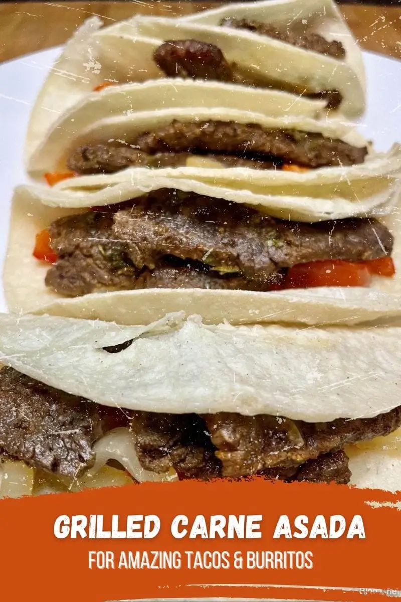 Grilled carne asada with image of carne asada tacos.