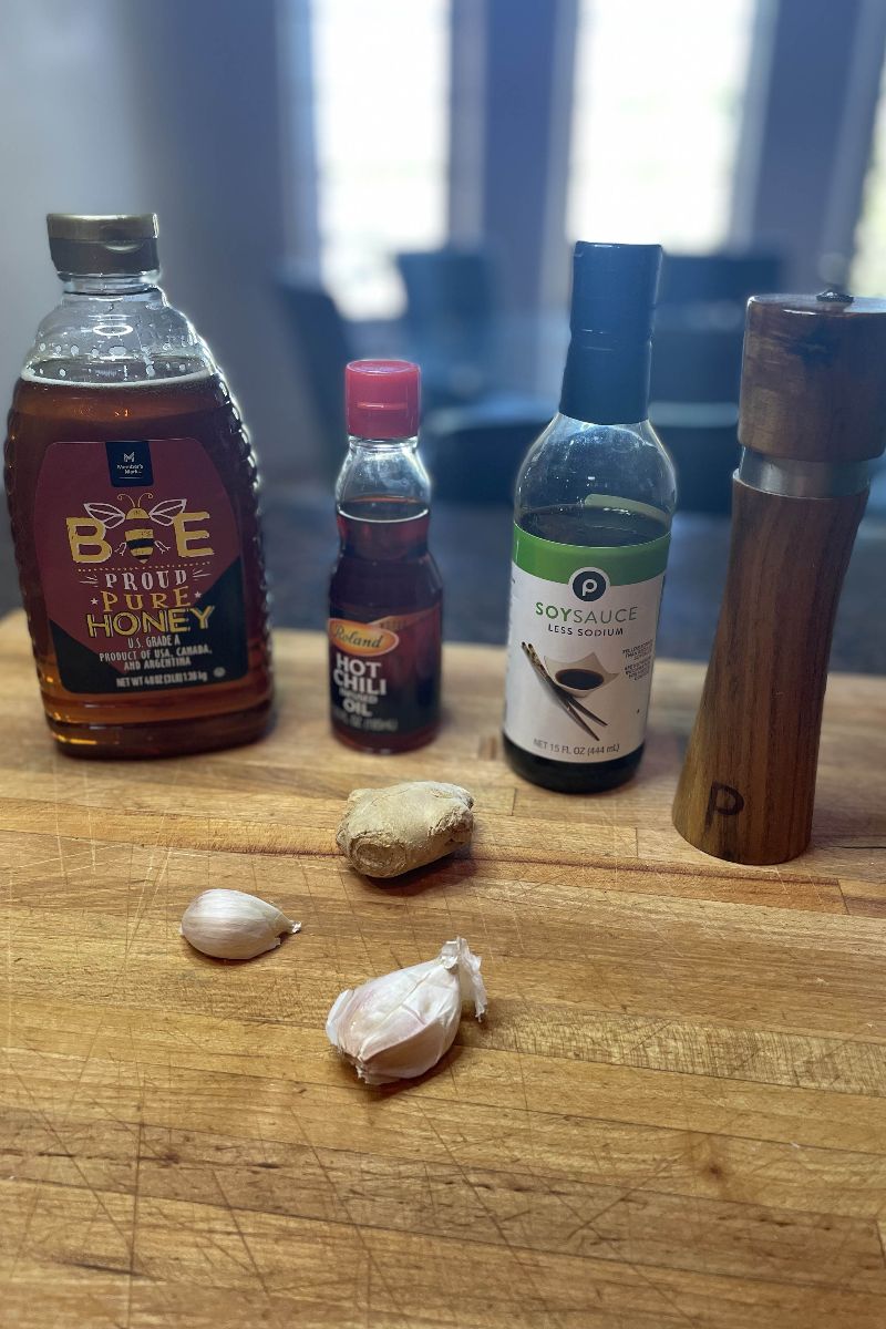 Ingredients for Korean style pork chop on a cutting board.