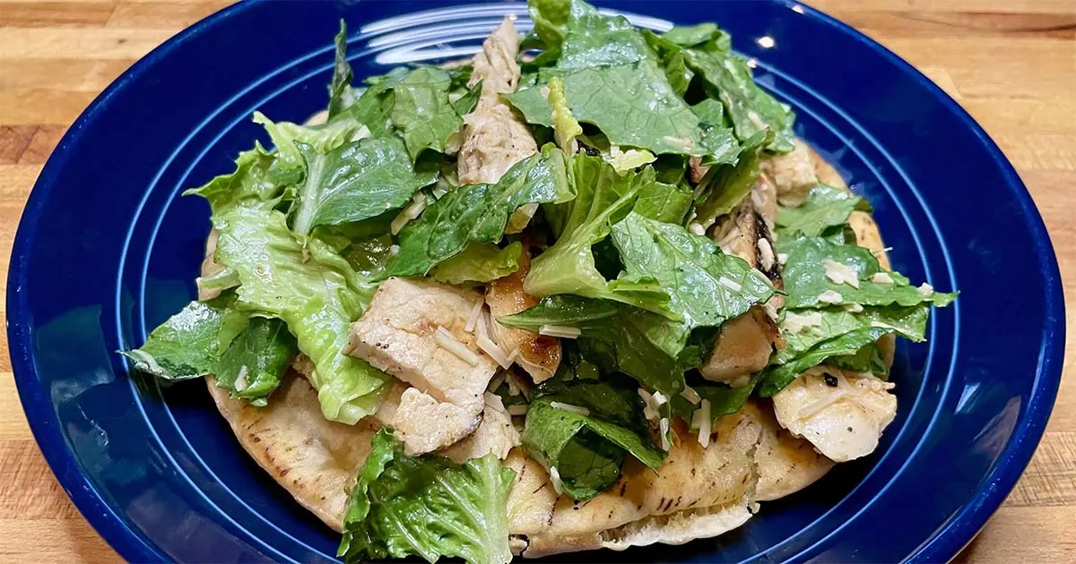 Prepared chicken Caesar flatbread recipe.