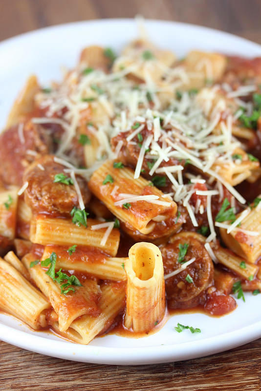 Italian Sausage Rigatoni on plate with parmesan