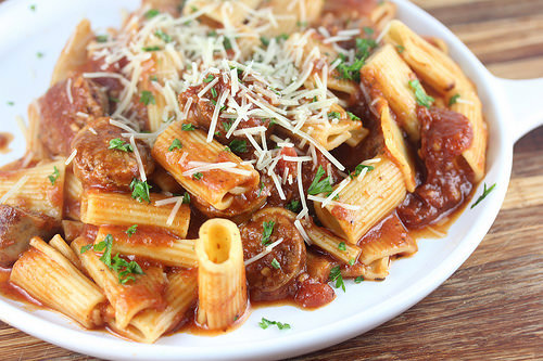 Italian Sausage Rigatoni on plate with parmesan