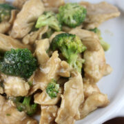 Chinese buffet broccoli chicken with savory sauce served in a white bowl