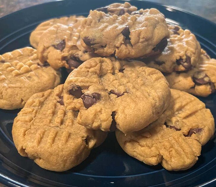Chocolate chip peanut butter cookies, prepared on plate.