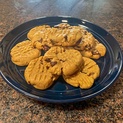 Chocolate chip peanut butter cookies, prepared on plate.