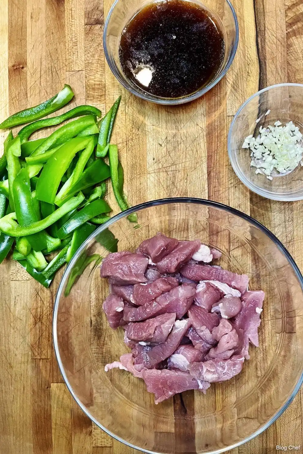 Ingredients for pork and pepper stir fry.