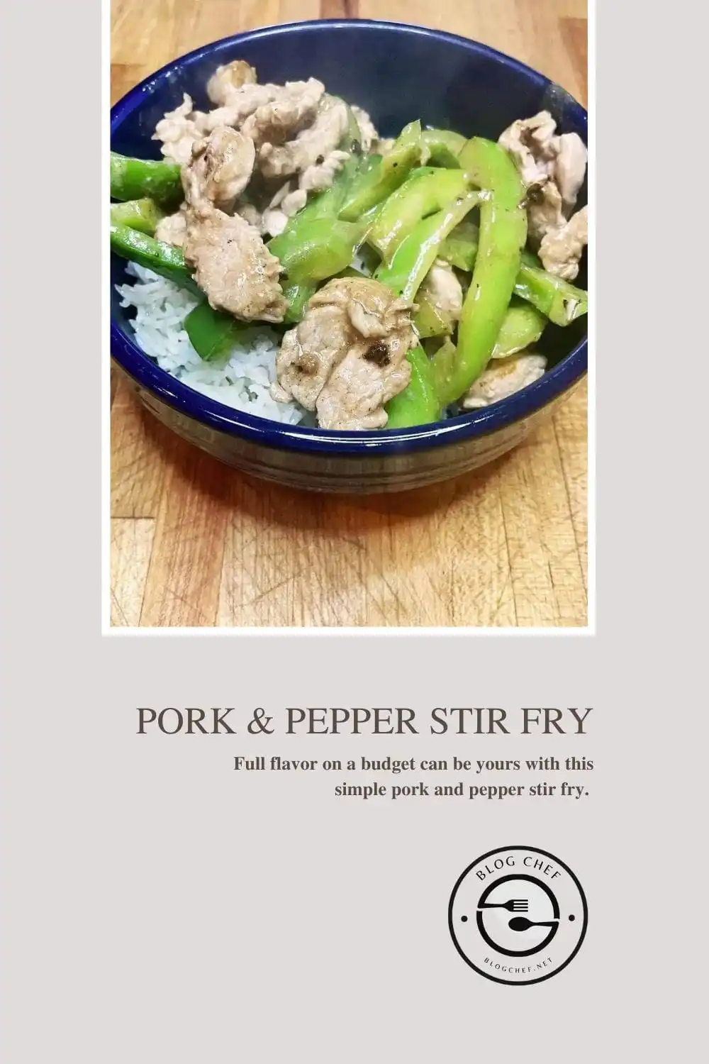 Prepared pork and pepper stir fry over white rice. 