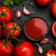Pureed tomato in a bowl surrounded by fresh tomatoes.