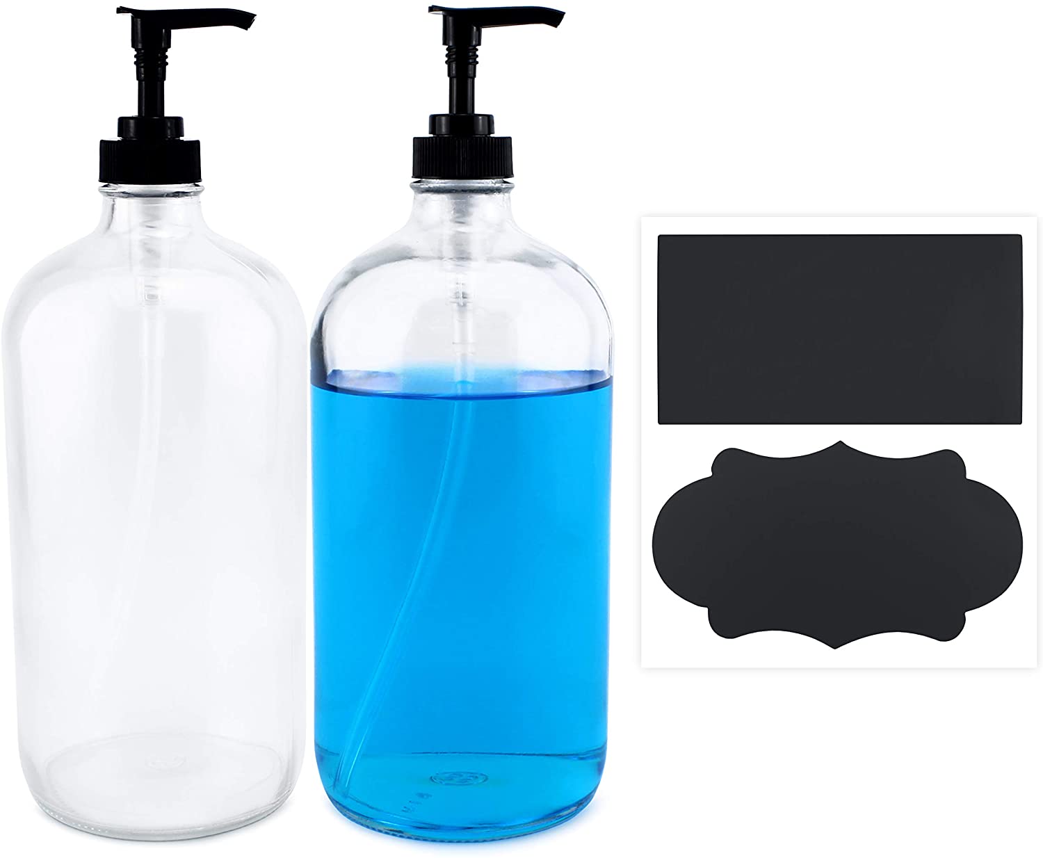 Cornucopia 32oz Clear Glass Pump Bottles (2-Pack); Quart Size Soap Dispensers w/Black Plastic Lotion Locking Pumps; Includes Chalk Labels