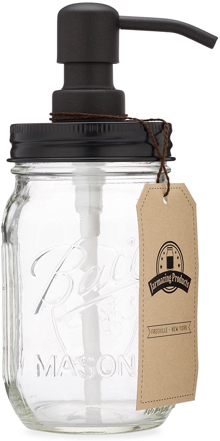 Jarmazing Products Mason Jar Soap Dispenser - Black - with 16 Ounce Ball Mason Jar - Made from Rust Proof Stainless Steel