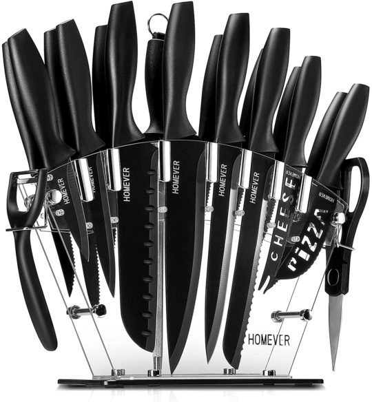 Knife Set, Homever 19 Pieces Kitchen Knife Set with Block, Super Sharp Stainless Steel Chef Knife Set with Acrylic Stand, Serrated Steak Knives, Scissors, Peeler and Knife Sharpener, Black