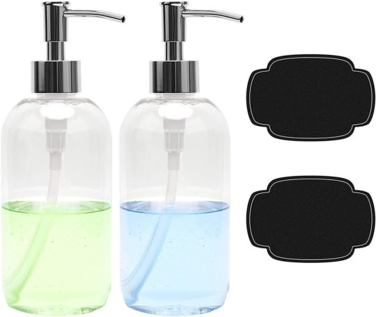 ULG Soap Dispensers Bottles 16oz Countertop Lotion Clear with Stainless Steel Pump Empty BPA Free Liquid Hand Soap Dispenser Boston Round Plastic Press Bottle 2 Piece