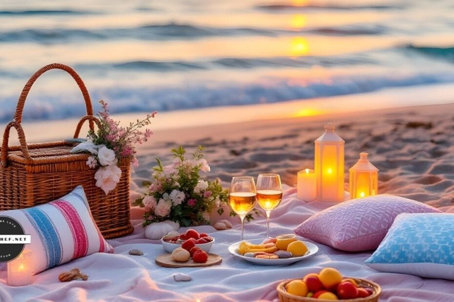 Beautiful picnic laid out on the beach at sunset