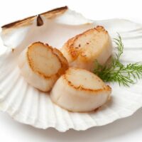 Seared scallops on dish-shaped serving tray.