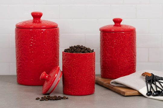 10 Strawberry Street Kitchen Canister Set, 3 Piece, Fleur Red