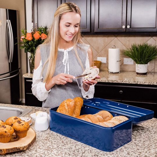 Large Blue Bread Box - Powder Coated Stainless Steel - Extra Large Bin for Loaves, Bagels & More