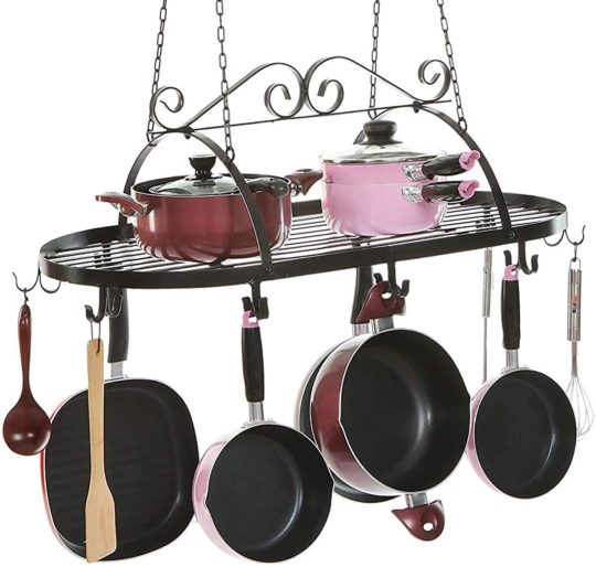 MyGift Black Scrollwork Metal Ceiling Mounted Kitchen Utensil, Pot & Pan Holder Hanging Organizer Storage Rack with 10 Dual Hooks