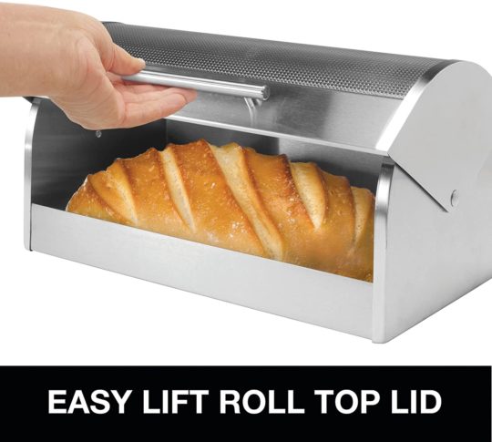 Oggi Stainless Steel Roll Top Bread Box with Tempered Glass Lid