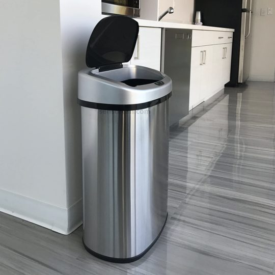 SensorCan 13 Gallon Battery-FREE Automatic Sensor Kitchen Trash Can with Power Adapter, Oval Shape Stainless Steel Garbage Bin with AC Plug