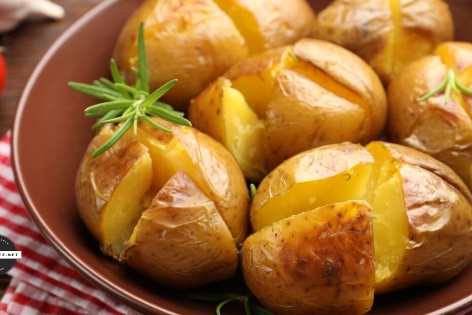 baked potatoes on serving dish
