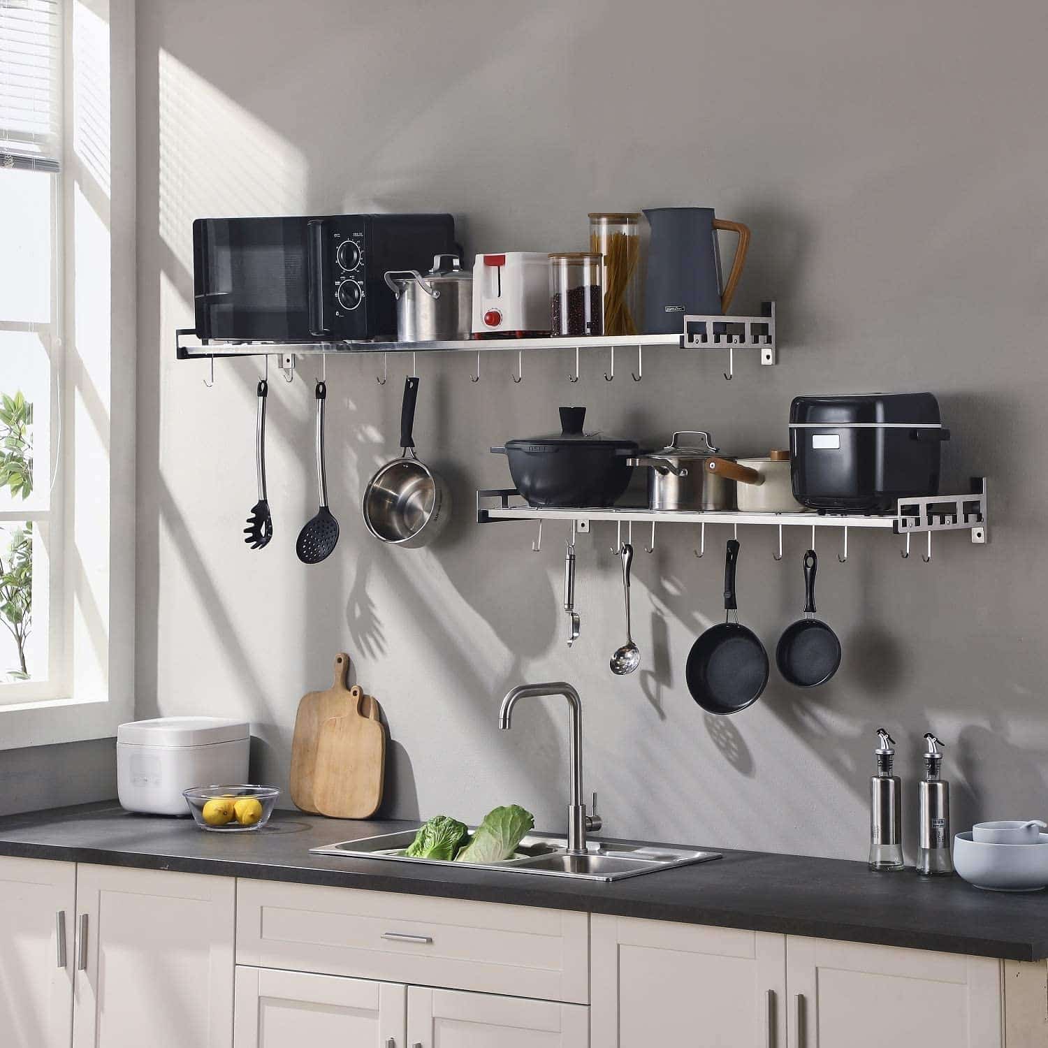 istBoom Wall Mounted Pots and Pans Rack with 16 Hooks, Stainless Steel Wall Shelf for Kitchen Bathroom Bedroom Pantry