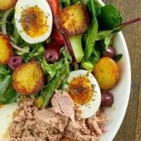 Top view of tuna and hard-boiled egg salad.