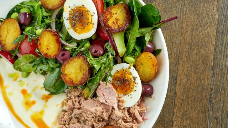 Top view of tuna and hard-boiled egg salad.