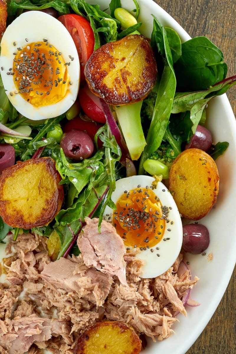 Top view of tuna and hard-boiled egg salad.