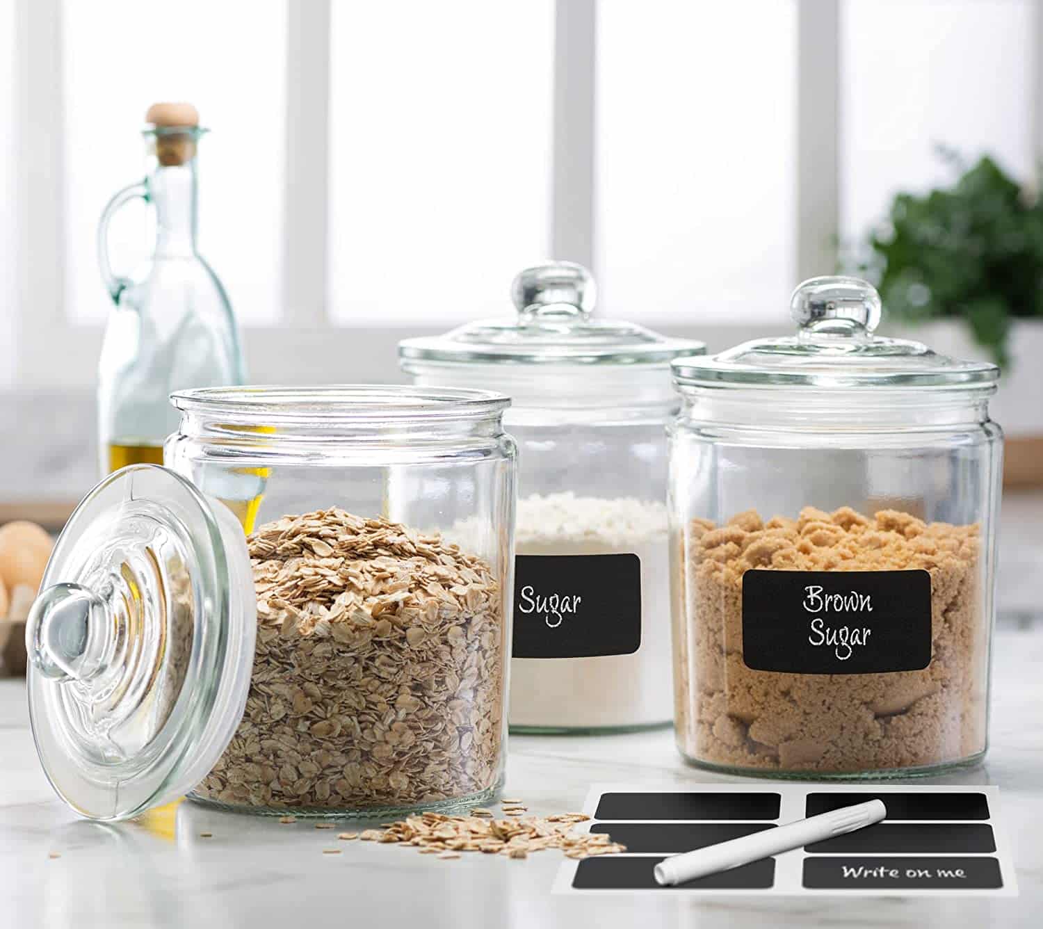 3pc Canister Sets for Kitchen Counter + Labels & Marker - Glass Cookie Jars with Airtight Lids - Food Storage Containers with Lids Airtight for Pantry - Flour, Sugar, Coffee, Cookies, Christmas gift