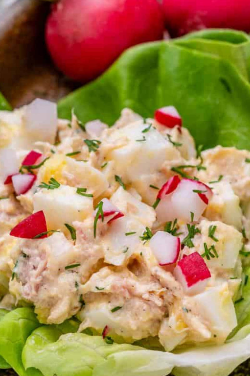 Tuna salad served in a lettuce wrap.