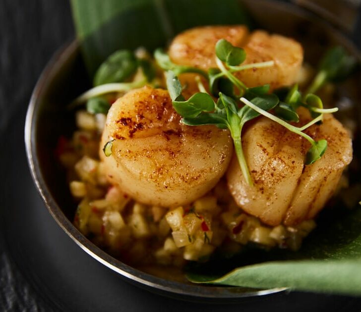 Grilled and prepared scallops on plate.