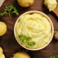 Overhead view of bowl of mashed potatoes to represent substitute for butter in mashed potatoes.