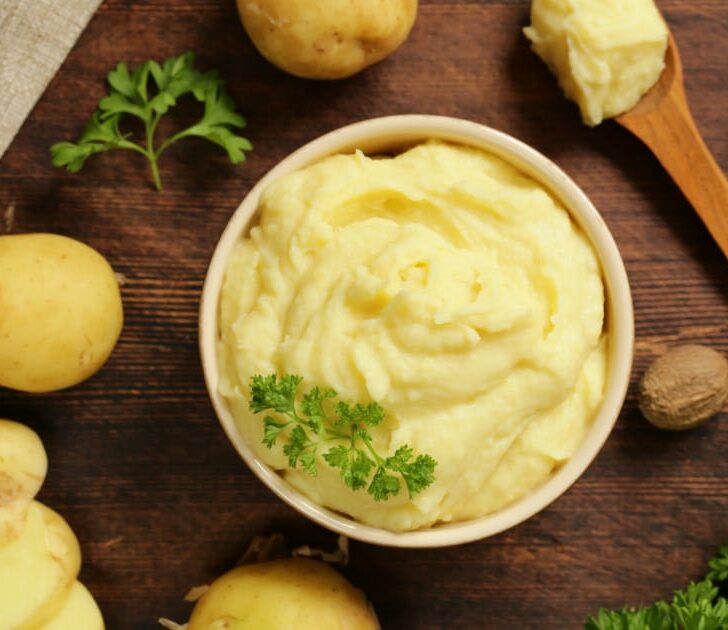 Overhead view of bowl of mashed potatoes to represent substitute for butter in mashed potatoes.