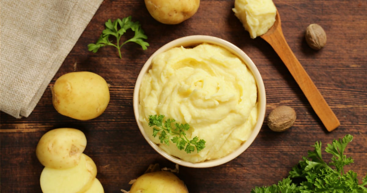 Overhead view of bowl of mashed potatoes to represent substitute for butter in mashed potatoes.