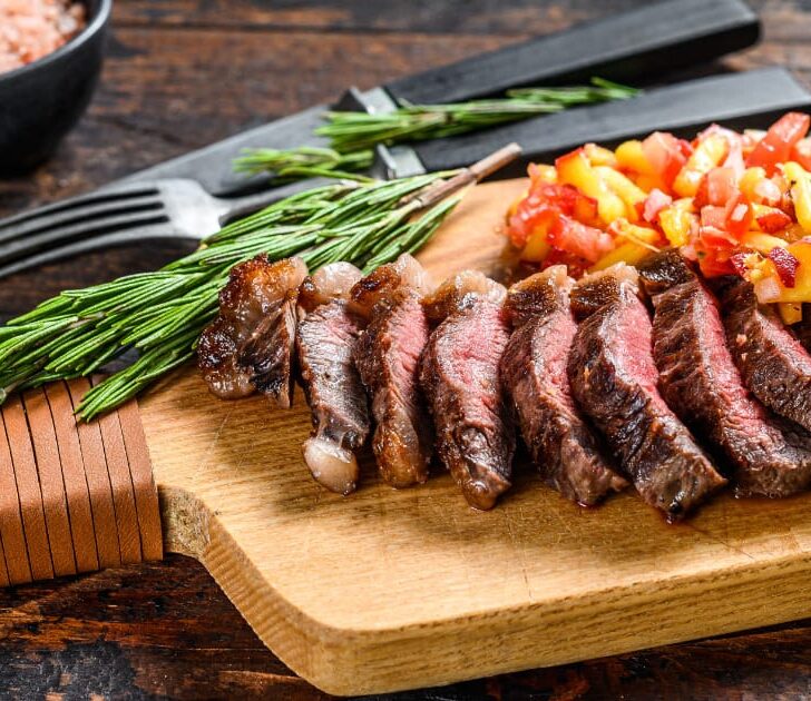 Sliced sirloin steak, prepared in an air fryer.