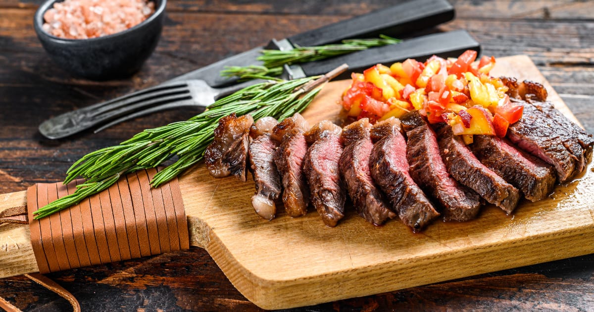 Sliced sirloin steak, prepared in an air fryer.