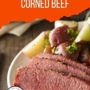 Close up view of sliced corned beef with text overlay.