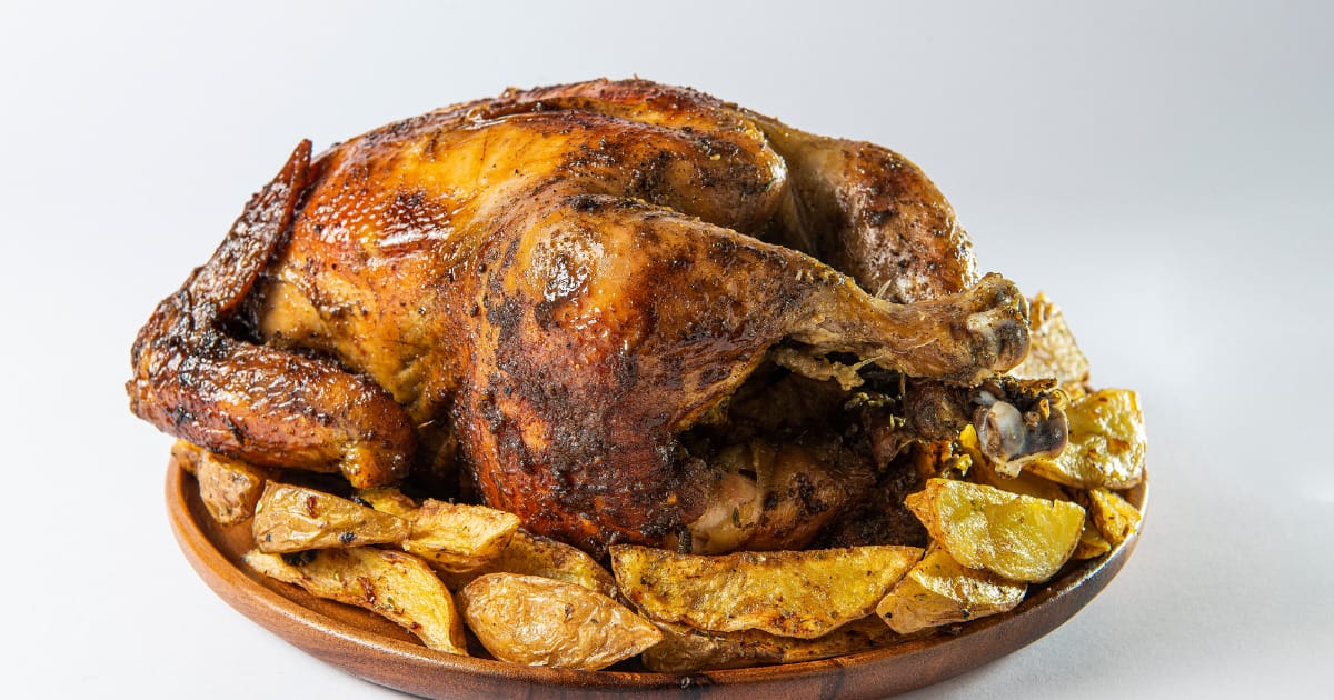 Whole chicken, prepared in air fryer.