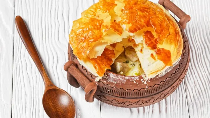 Overhead view of prepared chicken pot pie.