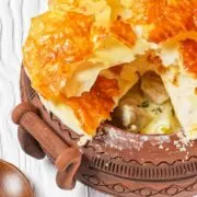 Overhead view of prepared chicken pot pie.