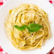 Overview view of plate with prepared fettuccine noodles.