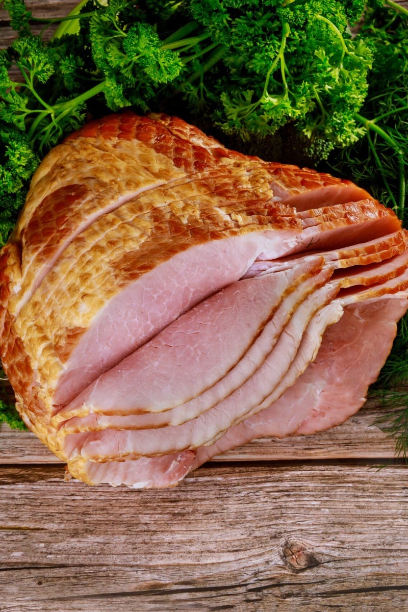 Top view of sliced ham, to represent how to cook uncured ham.