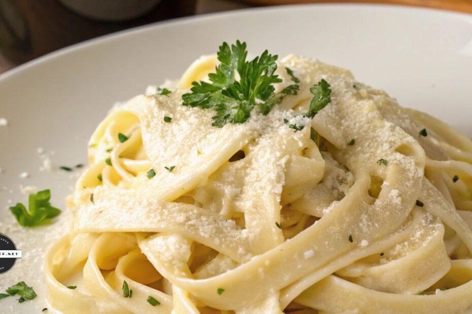 Close up of prepared fettuccine alfredo