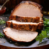 Sliced, roasted pork loin.