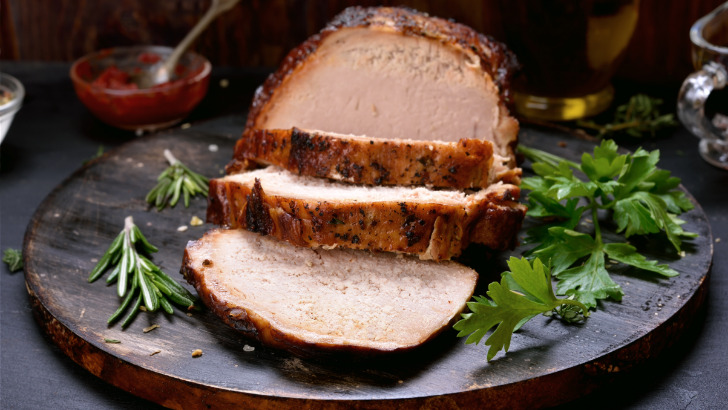 Sliced, roasted pork loin.