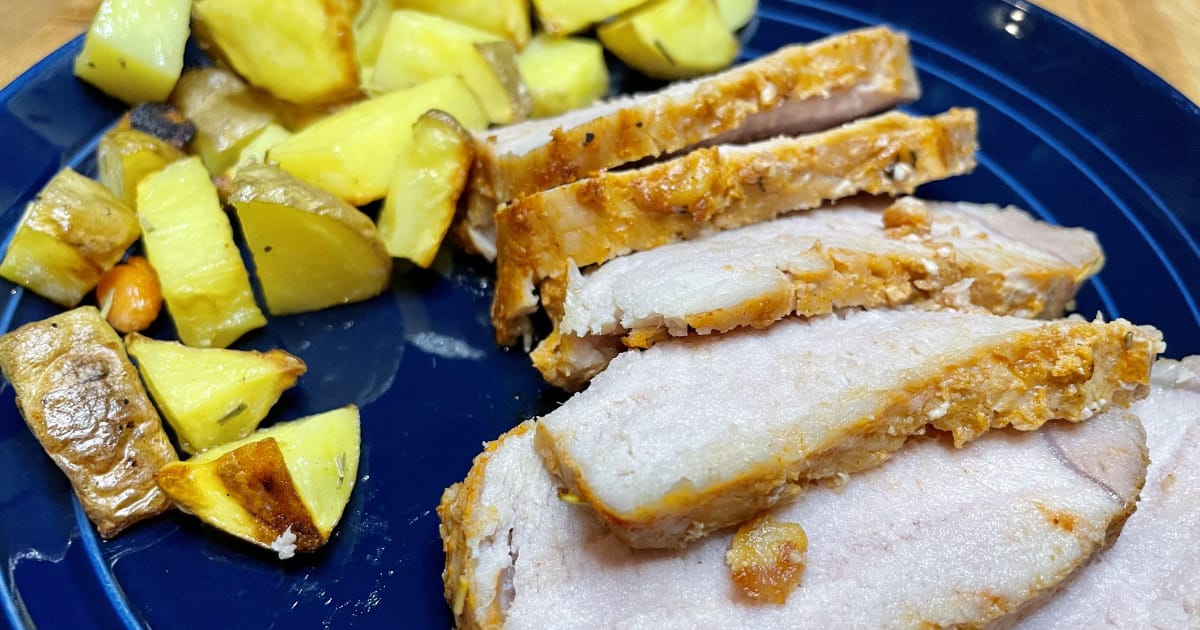 Smithfield pork tenderloin, prepared and served with roasted vegetables.