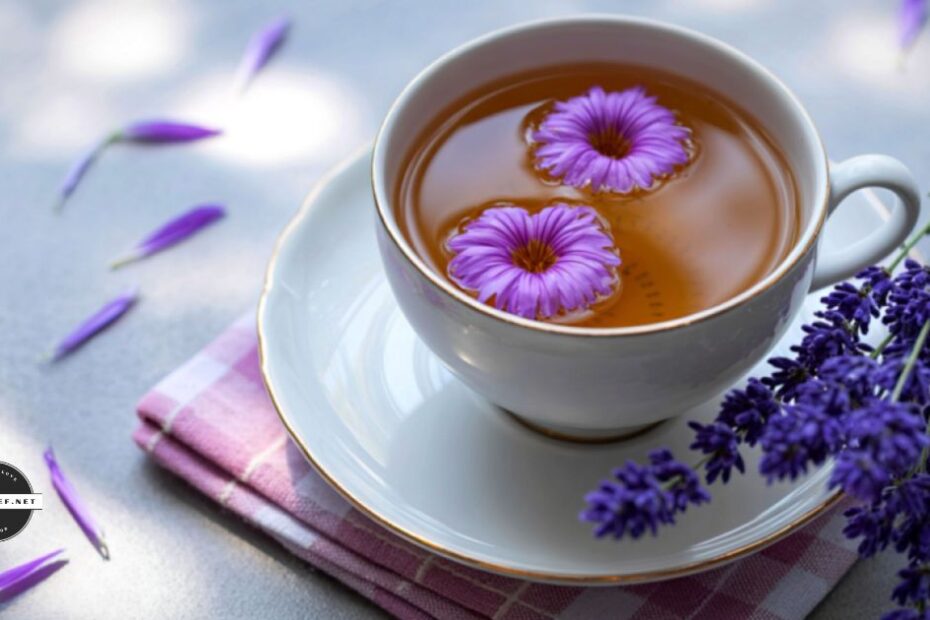 Lavender flowers in a tea cup with tea