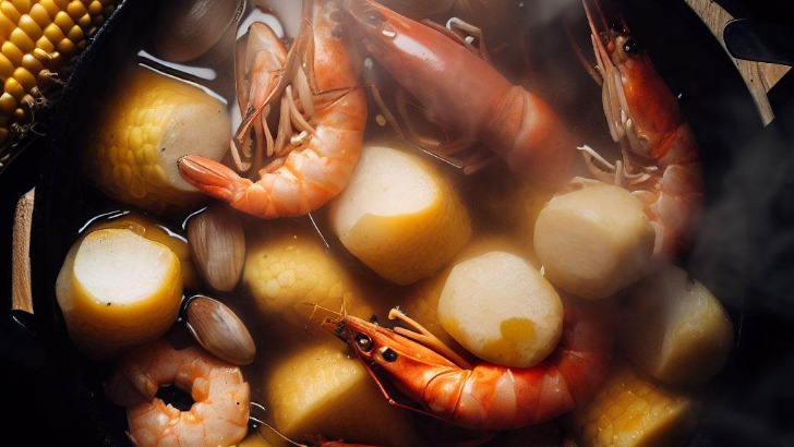 Top view of shrimp boil with potatoes and corn in pot.