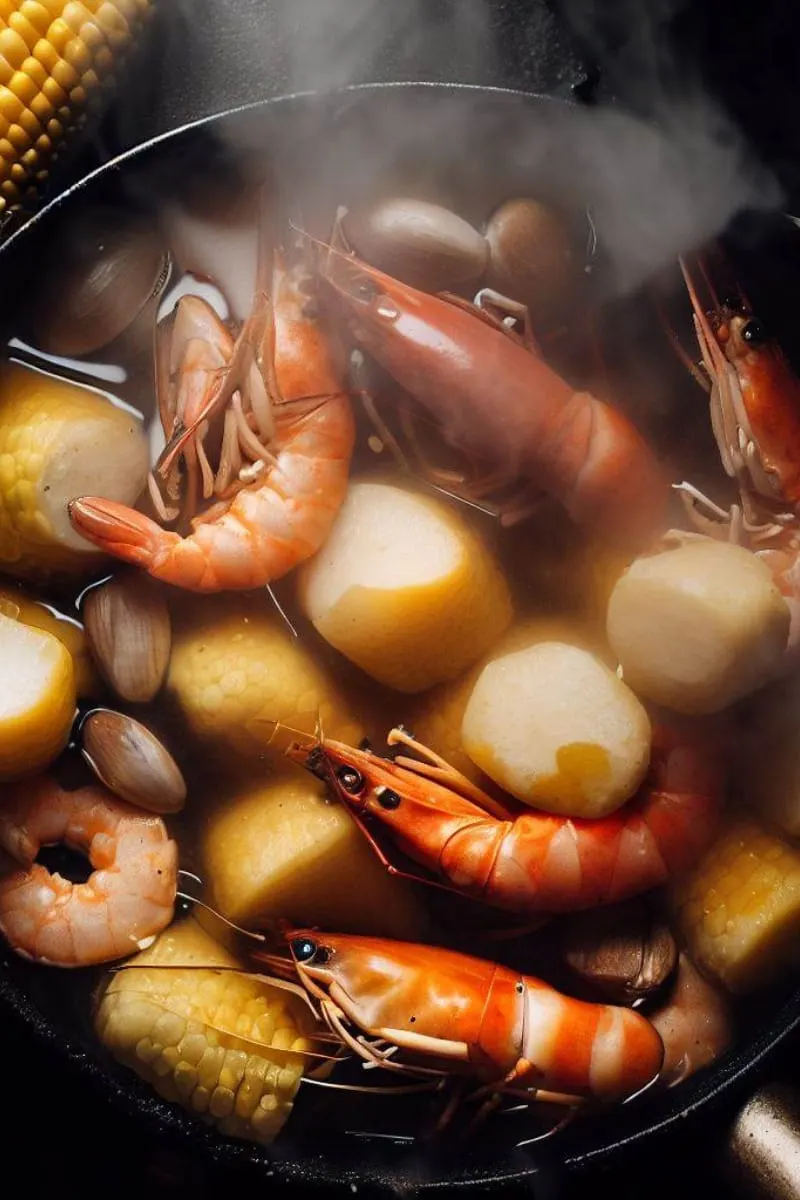 Top view of shrimp boil with potatoes and corn in pot.
