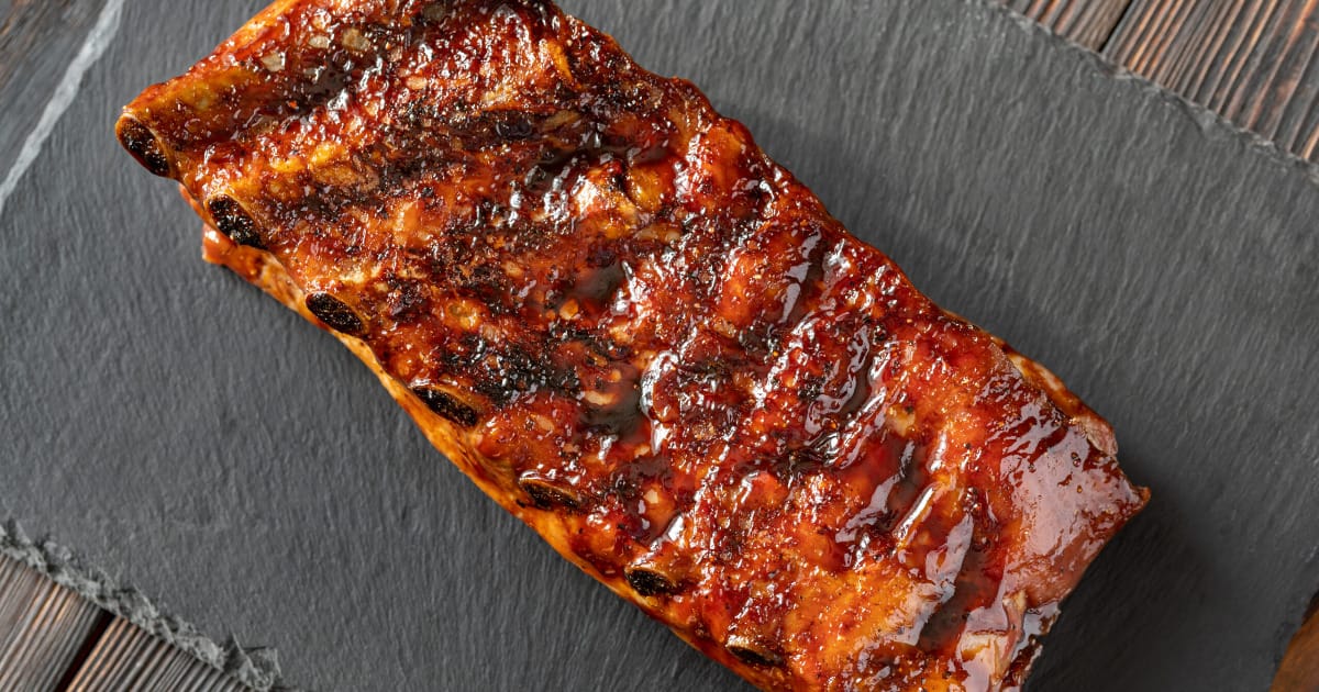 Overhead view of oven-baked ribs.