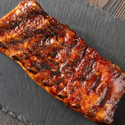 Overhead view of oven-baked ribs.